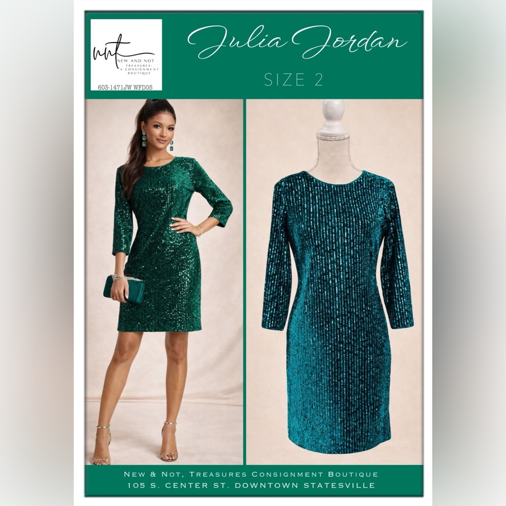 Julia Jordan Emerald Green Sequin Velvet Sheath Sparkly Dress 3/4 Sleeve Size 2
